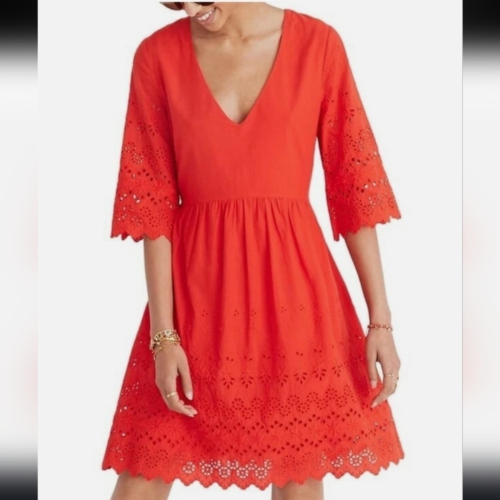 Madewell eyelet lattice V neck 3/4 sleeve A line lined mini dress red Size 8